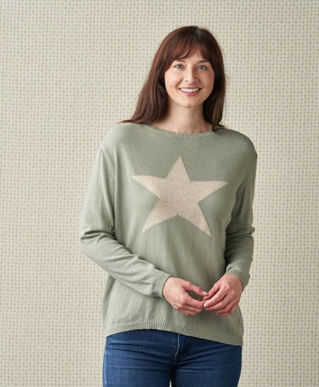 Classic Star Cashmere Jumper, Sage/Gold Lurex