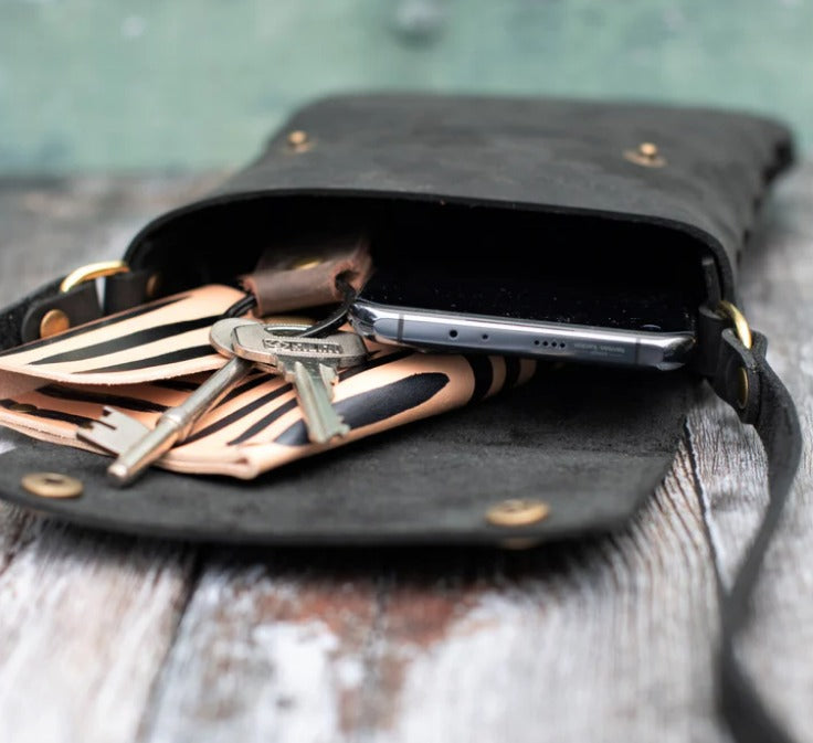 Black Leather Mini Crossbody Bag-Black